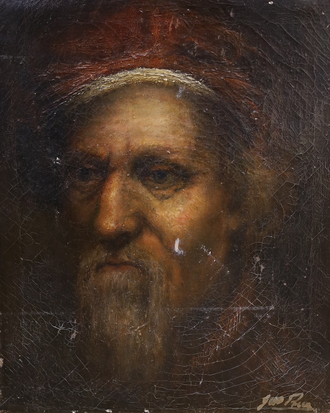 After Rembrandt, 19th century, oil on canvas, portrait of a gentleman, signed indistinctly, unframed, 33 x 28cm